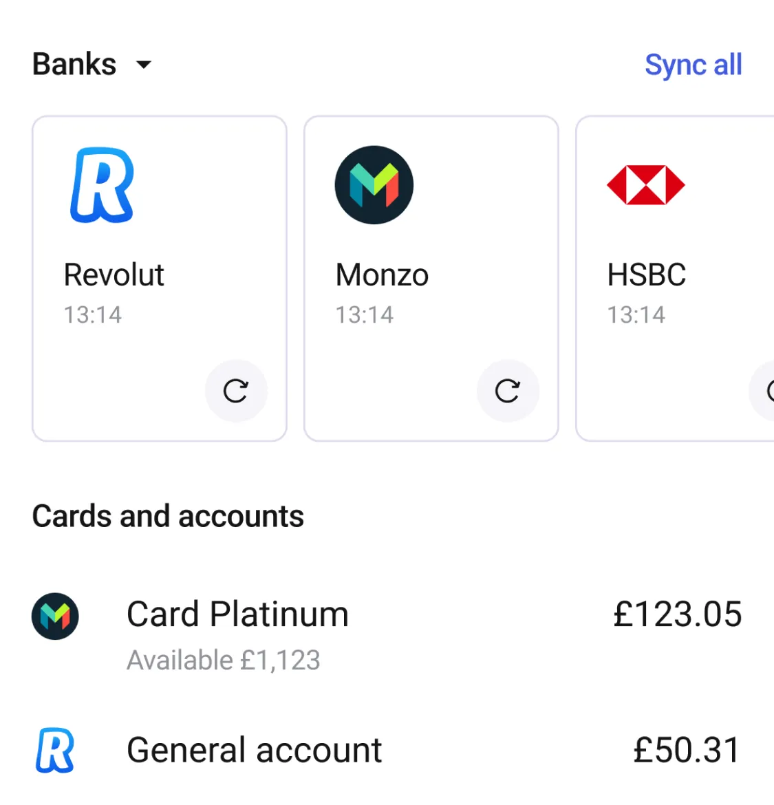 International banks sync personal finance app screenshot