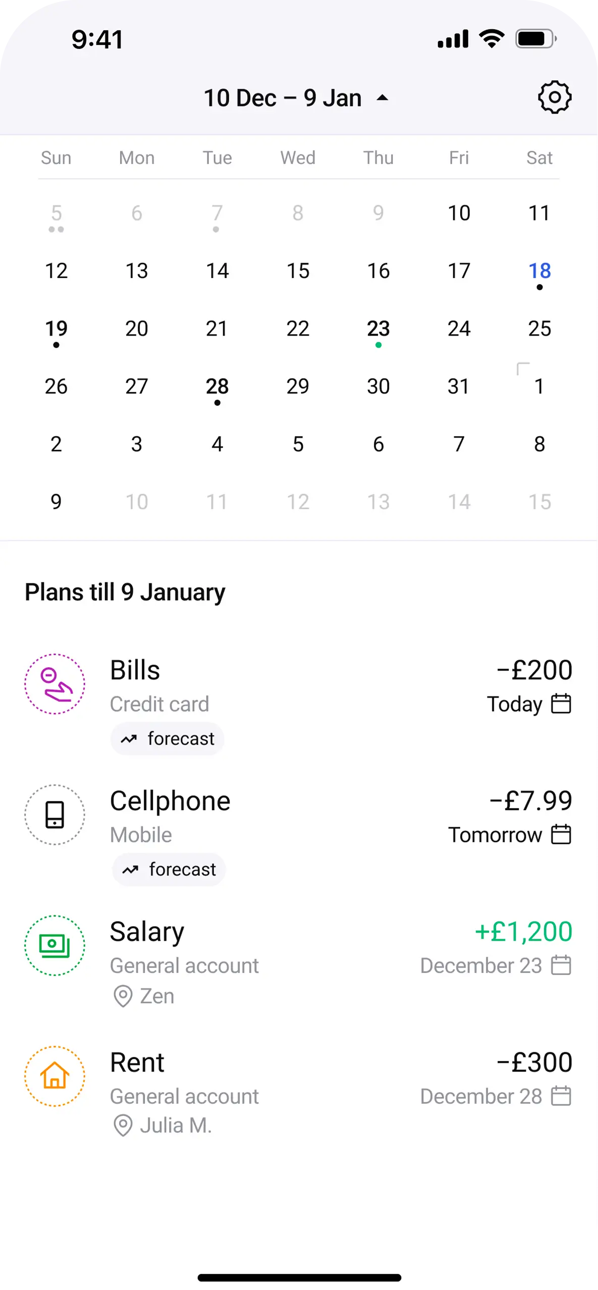 Payments calendar plan app screenshot