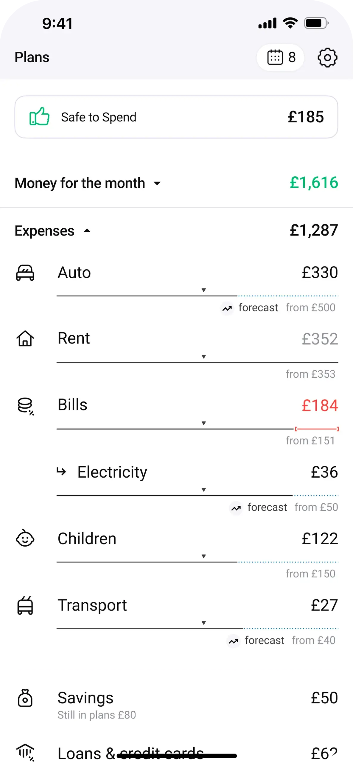 Expense forecasts by category app screenshot