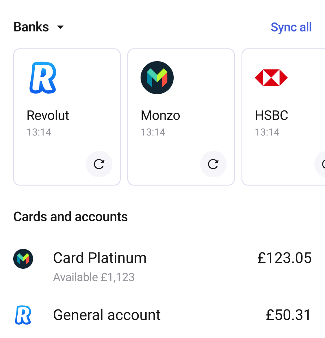 International banks sync personal finance app screenshot