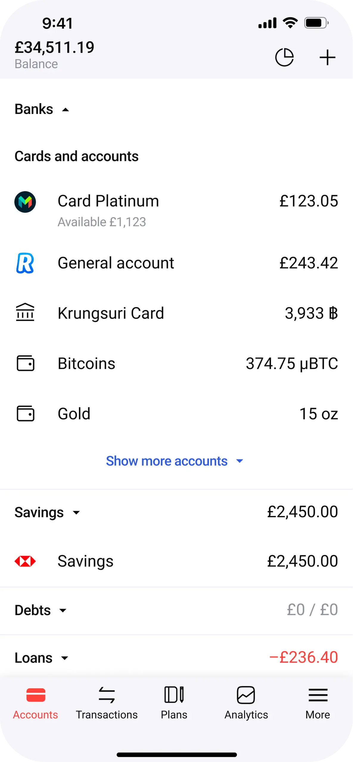 Cryptocurrency tracking in personal finance app screenshot